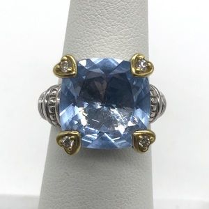 Judith Ripka Silver Ring with Blue Gem and Gold Heart Details